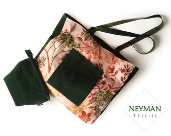 Oversized everyday bag, Nature Print Fabric and Vegan Suede Leather Tote, Eco shopper bag, cosmetic bag with zipper/Extra Large Beach bag/