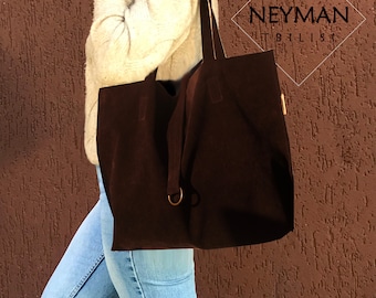 Oversize Coffee Brown Vegan Suede Leather Tote with Outer Stitchings and Same Color Cosmetic Bag, 2in1