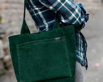 Dark Green Vegan Suede Leather Shoulder Bag / Forest Green Eco Tote