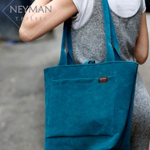 Cyan Blau Vegan Wildleder Schultertasche / Türkis Blau Eco Tote withe Big Pocket
