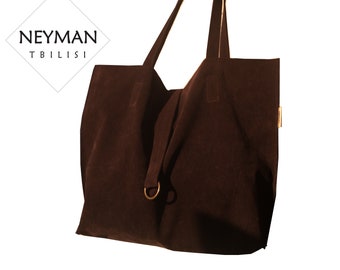 Oversize Coffee Brown Vegan Suede Leather Tote With Outer