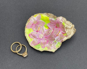 Pink Floral Jewelry Dish Oyster Shell Art Oyster Ring Dish Handmade Jewelry Dish Coastal Home Decor