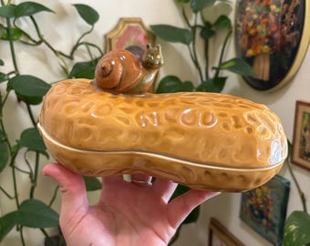 70s Ceramic Peanut Shaped Dish with Snail Container with Lid kitchen cookie jar trinket holder office decor kids room