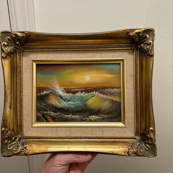 Vintage Gesso Gold Frame Painting Wall Art  Landscape Beach Ocean Sunset with Canvas Inlay