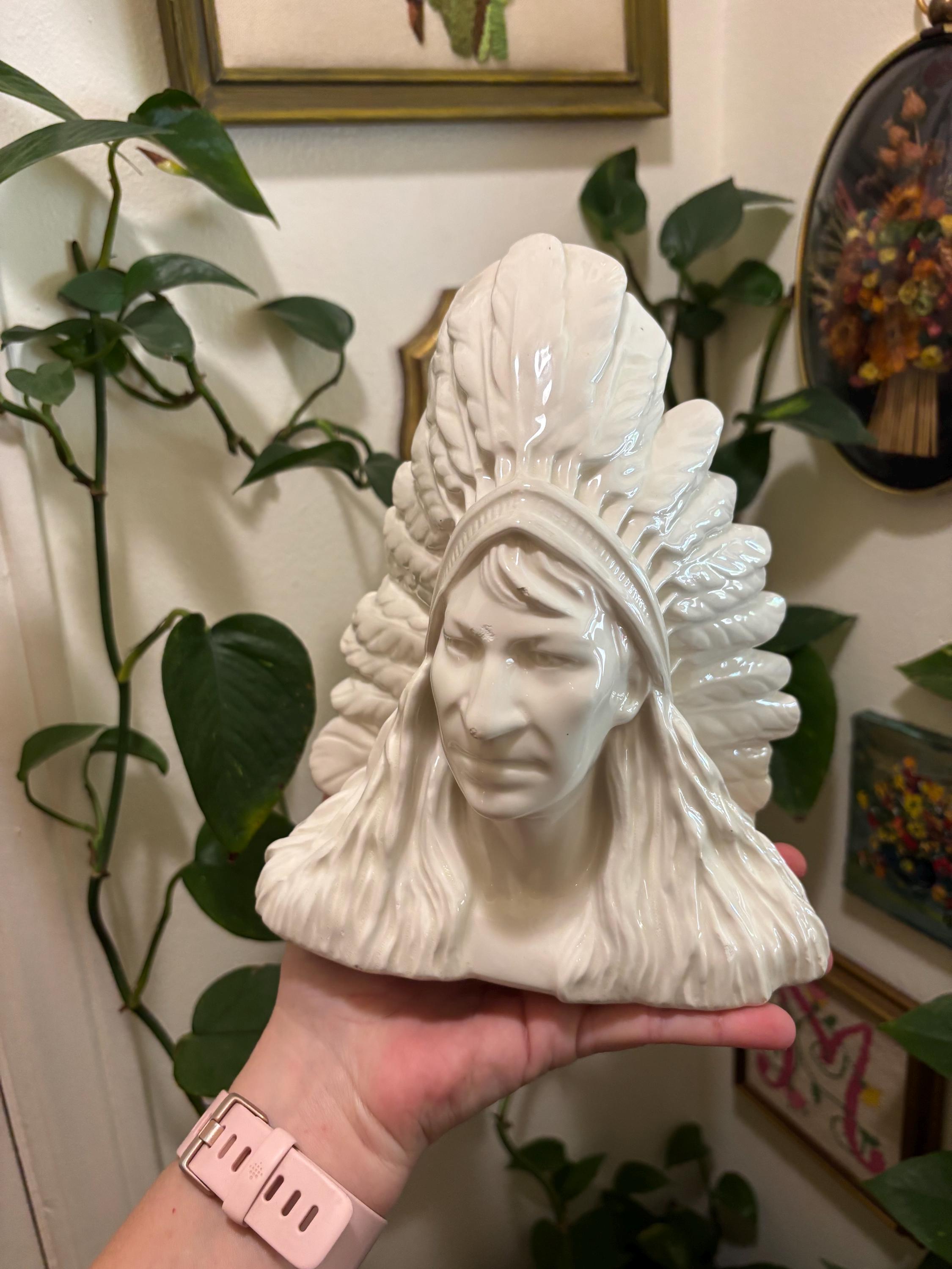 White Ceramic Native American Chief in War Bonnet Headdress single bookend made by Atlantic Mold 8.75in tall 70s home decor library