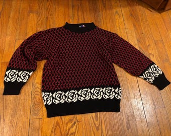Vintage Brand American Pride Red White Black 80s 90s colorful pullover acrylic sweater size medium women’s fashion retro roses