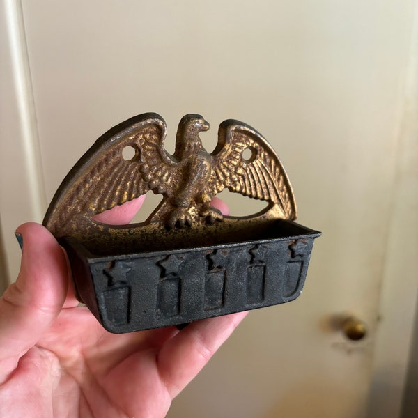 Cast Iron Eagle Match Holder Vintage Wall Hanging Wilton? Wall Pocket Match Safe American Gold Decor