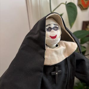 Handmade Composite Nun Cloth wrapped Wire 14in tall black and white robe religious Catholic nun  doll with crucifix and rosary