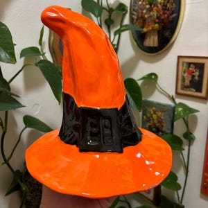 Vintage ceramic Halloween orange and black witches hat 70s 80s spooky home decor