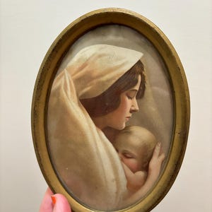 Antique colorized litho print of Woman Mother and Child veil infant framed wall art gold metal frame 7.25in tall oval frame