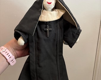 Handmade Composite Nun Cloth wrapped Wire 14in tall black and white robe religious Catholic nun  doll with crucifix and rosary