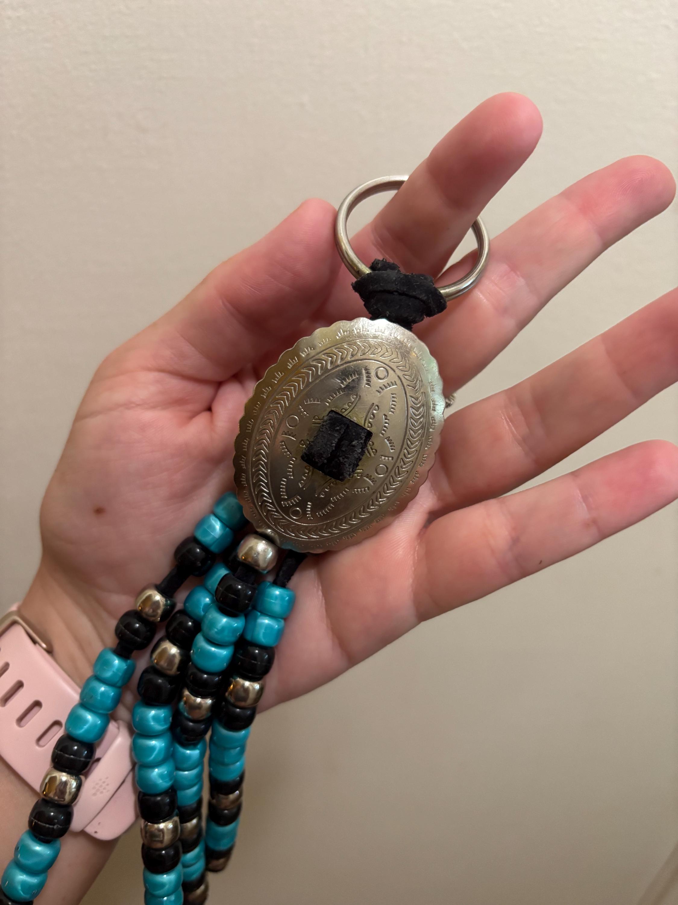 Vintage 90s Leather Beaded Keychain Key Ring Turquoise Silver and Black ...