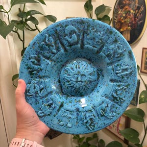 Vintage 70s 1970s Ceramic Astrology Ceramic Horoscope Zodiac Signs Sun Ashtray Tray Trinket Dish Wall Hanging Decor Drip Glaze Blue green 60