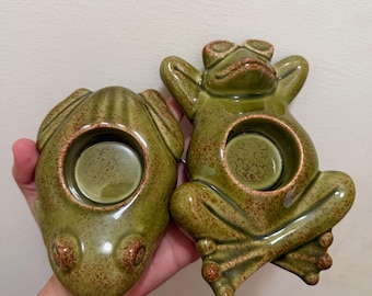 Set of two (2) Ceramic Frogs PartyLite Tealight Unique Vintage Votive Holder Unique Funny Gift Idea