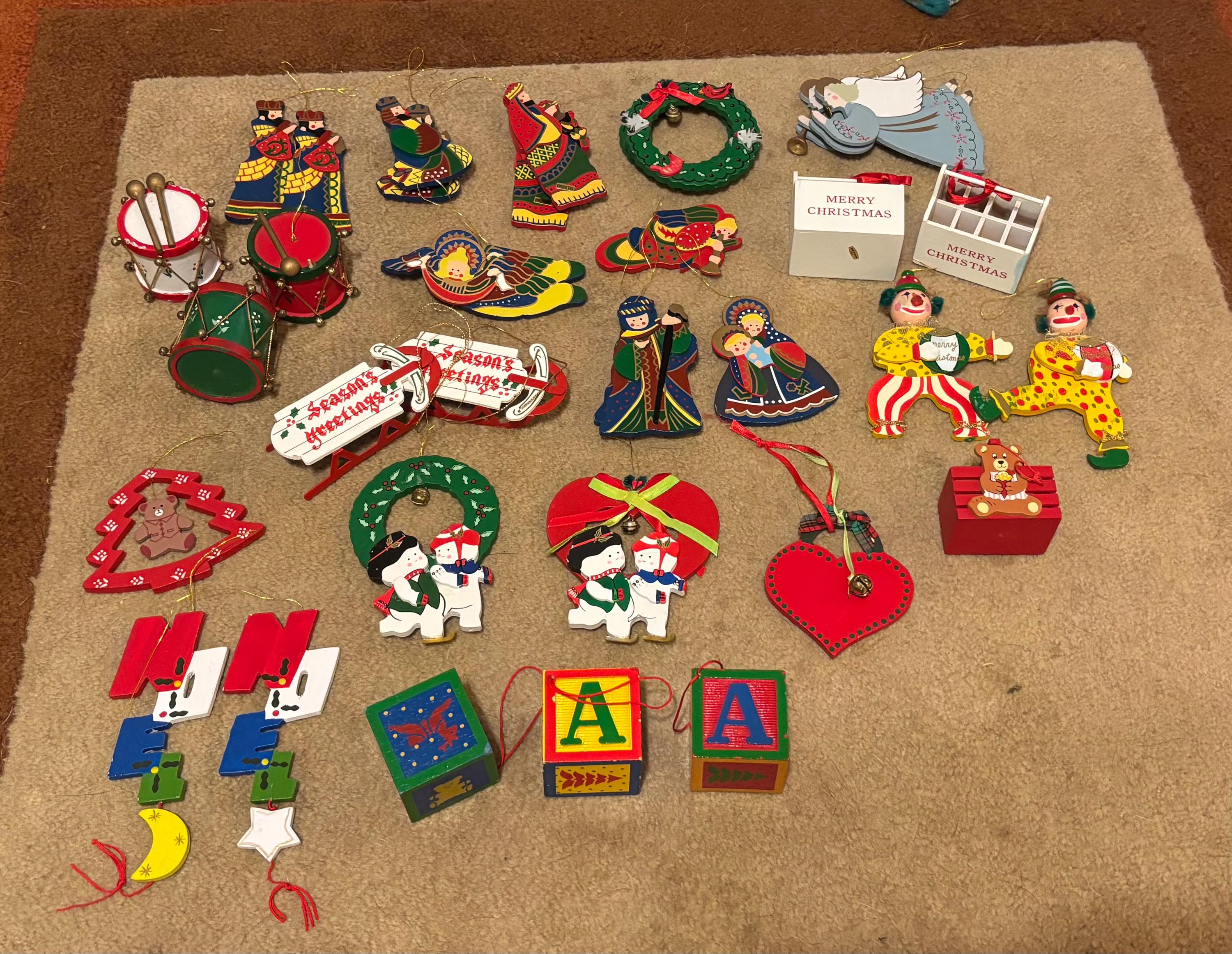 Set of 35 Flat Wooden Christmas Tree Ornaments Holiday Snowmen