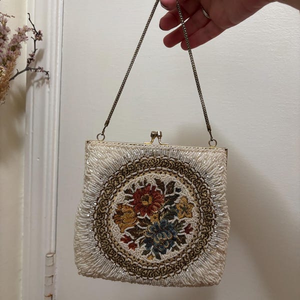 1950s La Regale Beaded Evening Bag floral tapestry handbag beads with gold clasp and strap vintage purse 50s 40s fashion