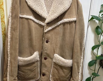 Vintage Leather Coat Sherpa lined Suede leather XL button up heavy jacket western ranch wear men’s coats 60s 70s