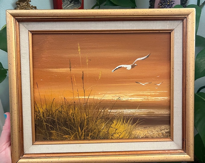 Vintage Gesso Gold Frame Painting Wall Art Landscape Beach Seagulls
