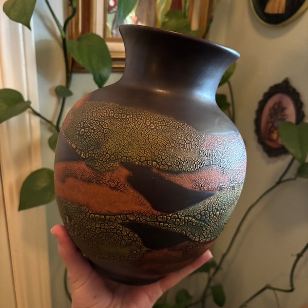 Royal Haeger Earth Wrap brown burnt orange and gold yellow glaze pottery vase 10in tall 7in wide 1960s 60s vintage boho earth tones satin