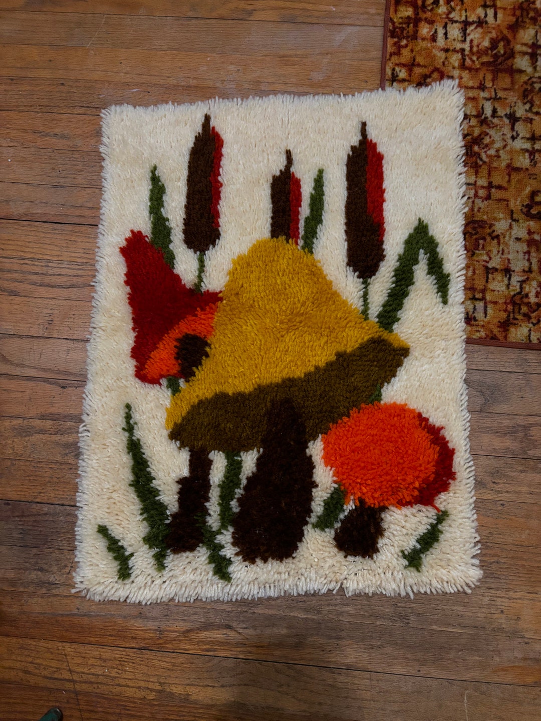 Vintage 70s Mushroom Latch Hook Rug Wall Hanging Groovy Decor Three
