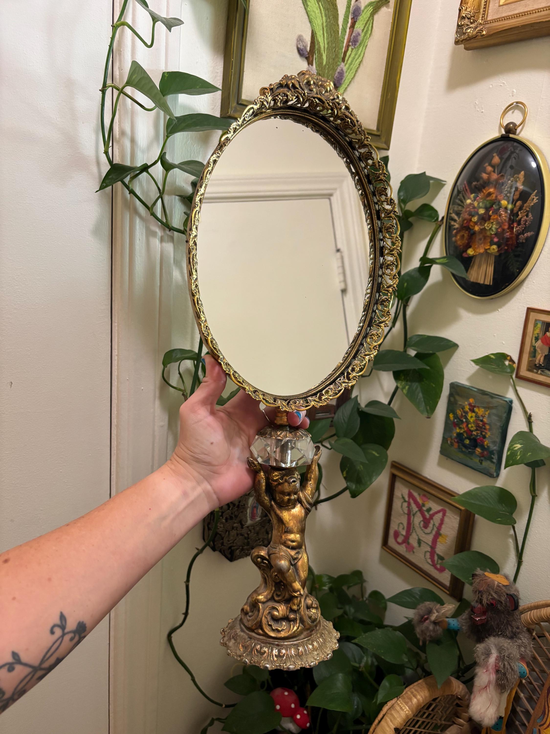 アンティークオーバル型手鏡　ブロンズ天使像 Antique Angel Mirror - Etsy