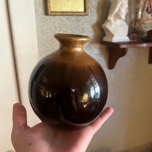 Studio pottery drip glaze brown ceramic flower pot bud vase seed pot 5in tall 4.5 in wide boho MCM 70s 60s mid century home decor
