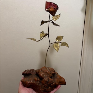 Brass Brutalist Vintage Metal Sculpture Art Red Rose Flower in driftwood wooden base MCM home decor mid century 12in tall