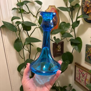 Vintage Electric Blue Glass 60s 70s retro home decor Tape Candlestick Candle Holder Fostoria(?) 7in tall 4in across living room decorative