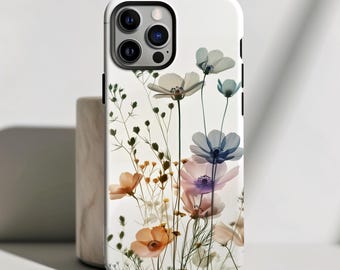 Transparent Muted Wildflower Phone Case for iPhone 13 14 15 16, Plus Pro Max, Impact and Scuff Resistant Translucent Flower Cellphone Cover