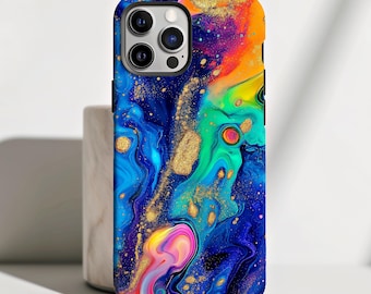 May include: A phone case with a colorful abstract design featuring swirls of blue, green, purple, and orange with gold glitter accents.