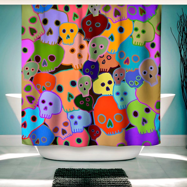 Colorful Skulls Shower Curtain Novel Doodle Design Bathroom Shower Stall Kids Bathroom Decor Shower Curtain Kid's Bathroom Design Art