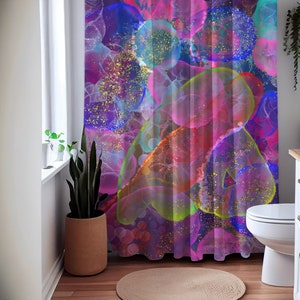 Ethereal Transparent Flowing Decorative Bathroom Shower Curtain, Abstract Multicolored art, Delightful Exquisite Alcohol Ink Art, Original