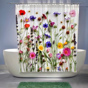 Colorful Wildflower Shower Curtain - Cottagecore Pressed Flower Design
