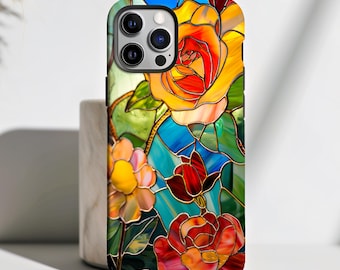 Colorful Stained Glass Flower Phone Case for iPhone 13 14 15 16 Plus Pro Max Scuff Impact Resistant, Scuff Resistant Cellphone Case Gift