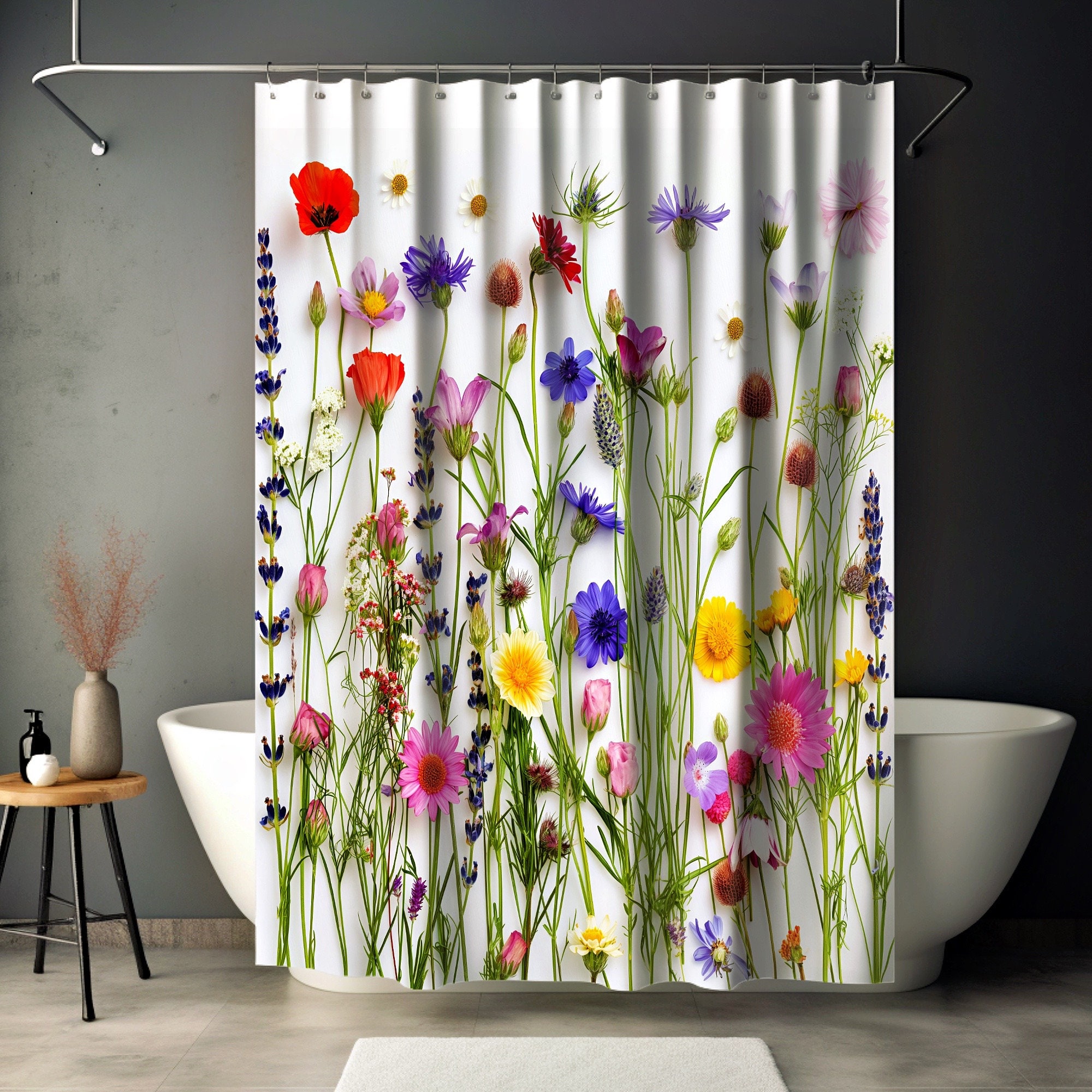 Colorful Wildflower Shower Curtain - Cottagecore Pressed Flower Design