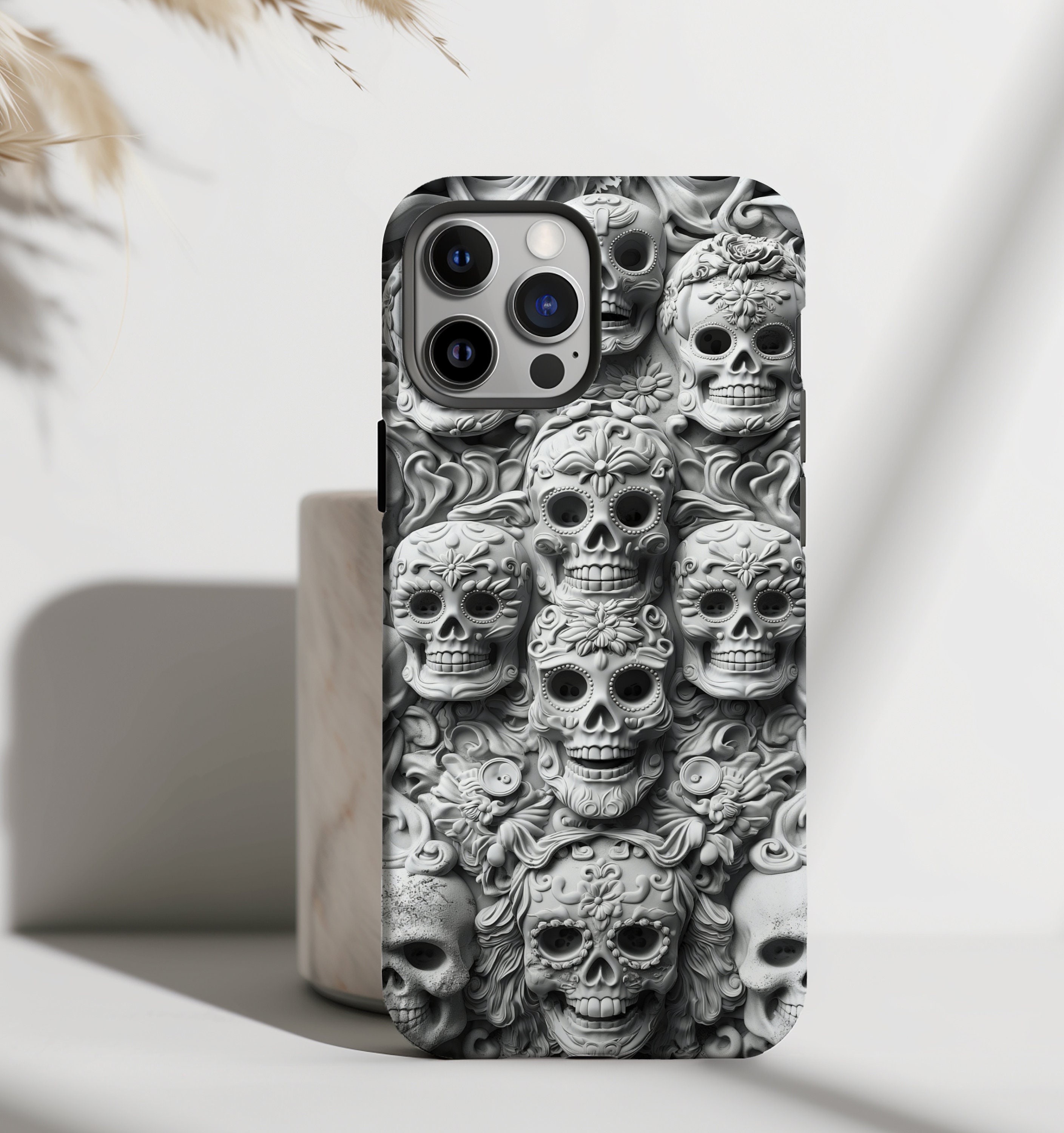 Sugar Skulls Phone Case Ancient Bas-Relief Design Cell phone Case for iPhone or Samsung Galaxy Phones Scuff Scratch Impact Resistant Impact