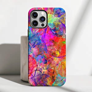 May include: A colorful abstract phone case with a vibrant mix of pink, blue, green, and yellow hues. The case features a swirling, marbled design with a modern and artistic aesthetic.