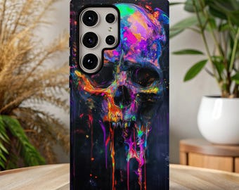 Funda de teléfono con calavera pictórica colorida para Galaxy S25, S24, S23, S22 y S21 Plus, ultra abstracta, resistente a rozaduras y con temática de Halloween aterradora.