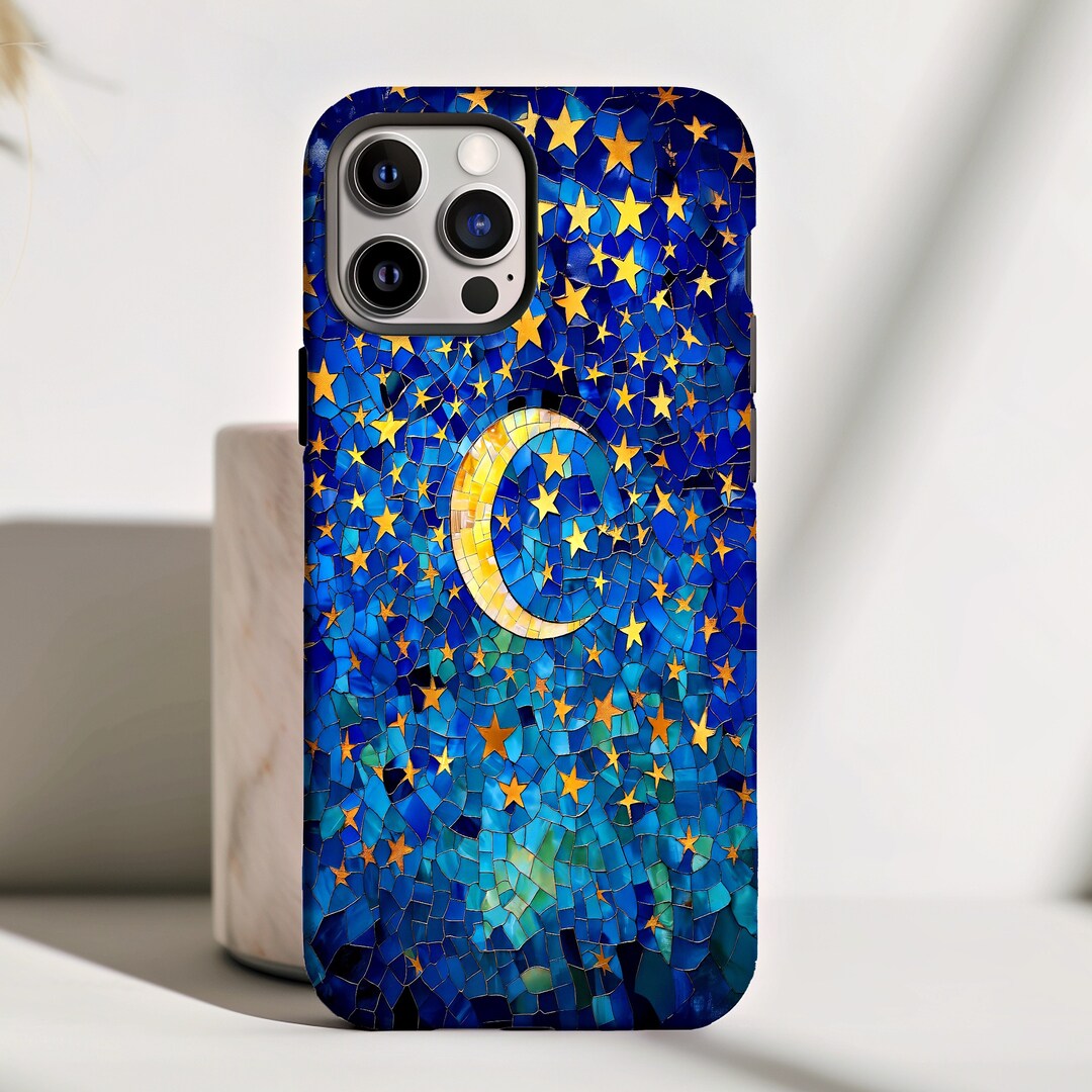 Celestial Moon Starry Night Phone Case, Gold and Blue Faux Ceramic Tile ...