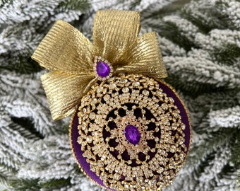 Large 4 inch jeweled purple velvet rhinestone ornament, Velvet Christmas ball, Handmade ornament, Purple Christmas Tree decoration