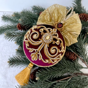 XL Plum Velvet Christmas Ornament: Rhinestone Tassel, Handmade