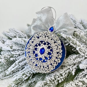 Handmade Royal Blue Velvet Rhinestone Christmas Ornament (4 inch)
