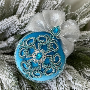Large 4 inch turquoise blue velvet rhinestone ornament, Jeweled Christmas ball, Handmade ornament, Blue Christmas Tree decoration