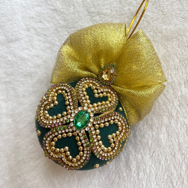 Medium 3 inch forest green velvet jeweled rhinestone ornament, Velvet Christmas ball, Handmade ornament, Green Christmas Tree decoration