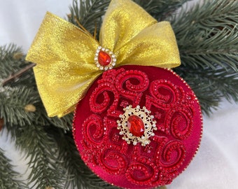 Large 4 in dark red rhinestone ornament, Velvet Christmas ball, Handmade lace ornament, Xmas decoration, Red Christmas Tree decoration