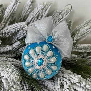 Medium 3 inch turquoise blue velvet pearl rhinestone ornament, Velvet Christmas ball, Jeweled ornament, Blue Christmas Tree decoration