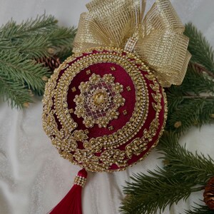Giant XXL 6 in Bordeaux red rhinestone ornament, Velvet Christmas ball, Handmade lace ornament, Xmas decoration, Bordeaux decoration