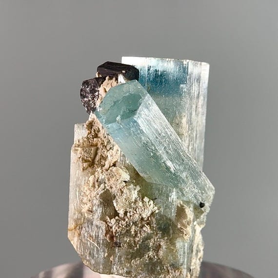Rare Erongo Aquamarine Crystal with Black Tourmaline - Rainbows, Natural Terminated Blue Beryl - Namibia