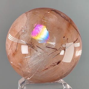 Very Rare High Grade Peach Pink Amphibole Quartz Sphere w Huge Rainbows From Brazil 60.2g PLEASE READ DESCRIPTION Golden healer / Tremolite