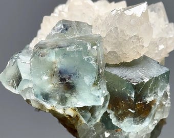 RARE Okorusu Fluorite Cluster w Candle Quartz - Eggshell Blue, Phantoms, Golden Iridescence - Namibia